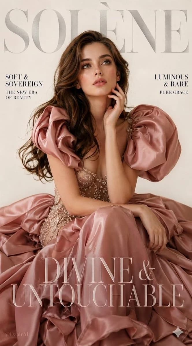 Luxury fashion magazine cover with satin ballgown styling, silver serif masthead, and warm studio light