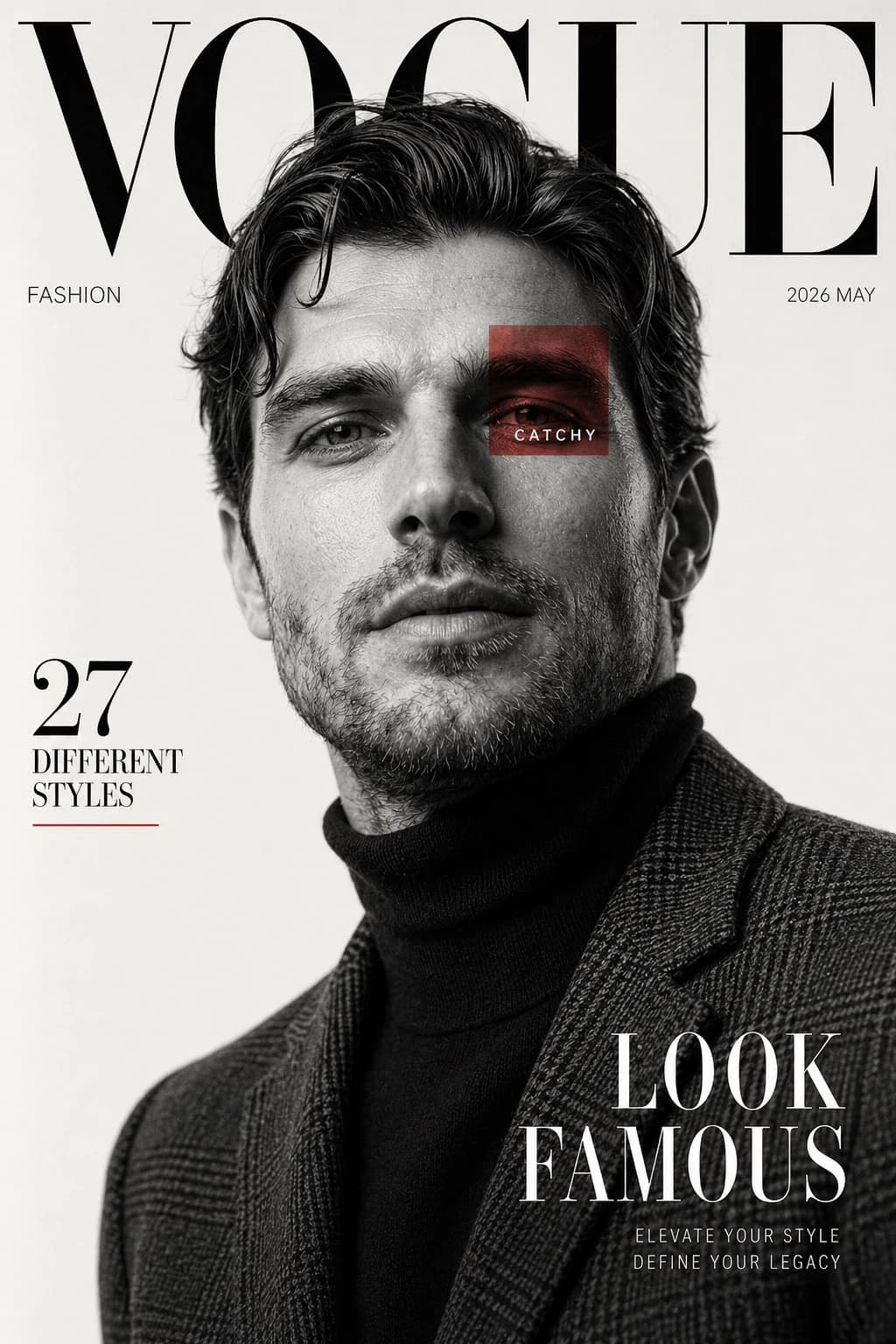 A confident male model poses in a black turtleneck and plaid blazer on a luxury fashion magazine cover, featuring bold typography and dramatic shadows
