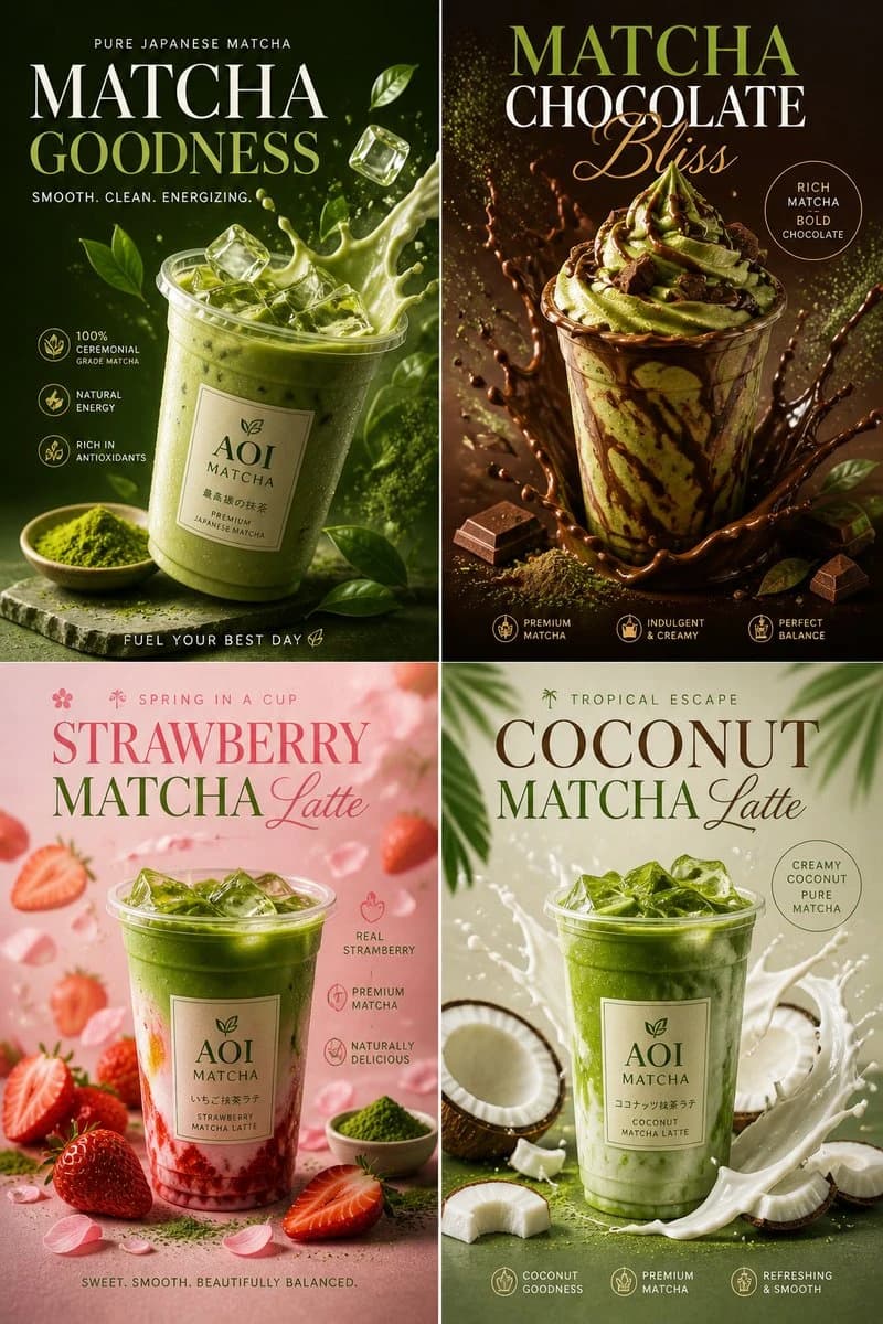 Four matcha beverage posters showcase vibrant drinks, each featuring unique flavors like strawberry and coconut, with appealing typography and textures