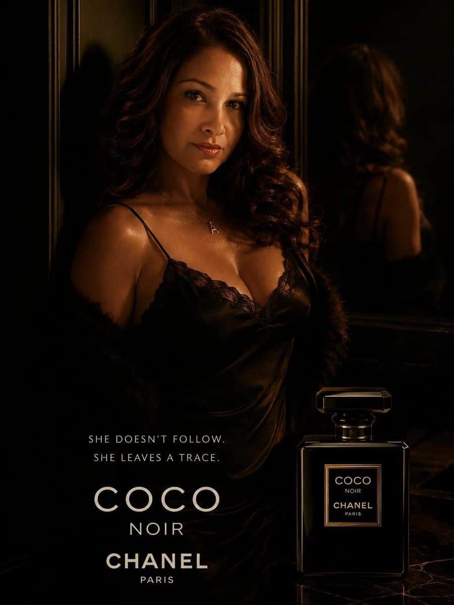 A confident woman in a black satin slip dress and faux fur wrap poses against a moody Parisian backdrop, featuring a sleek black perfume bottle