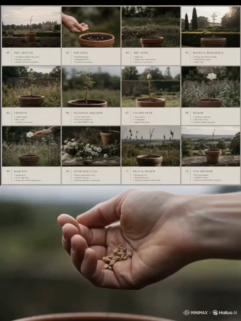 Garden pitch deck storyboard shows 12 botanical lifestyle panels above a close-up hand holding a seed or small plant