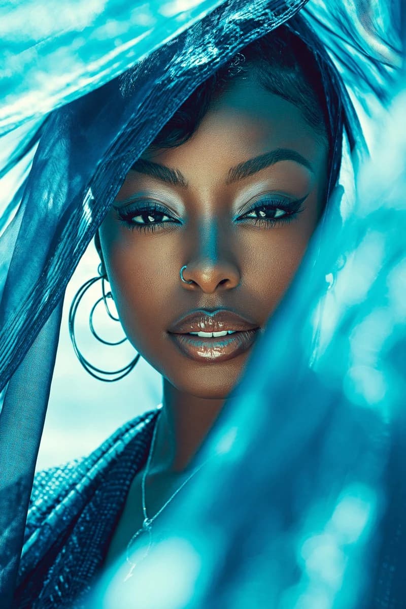 A close-up portrait of a Black woman with a glossy finish, framed by sheer blue fabric, showcasing her confident expression and minimal jewelry