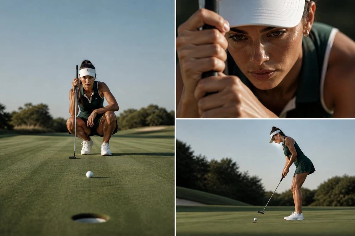 A professional female golfer crouches on a pristine putting green, focusing intently on her shot under soft natural daylight
