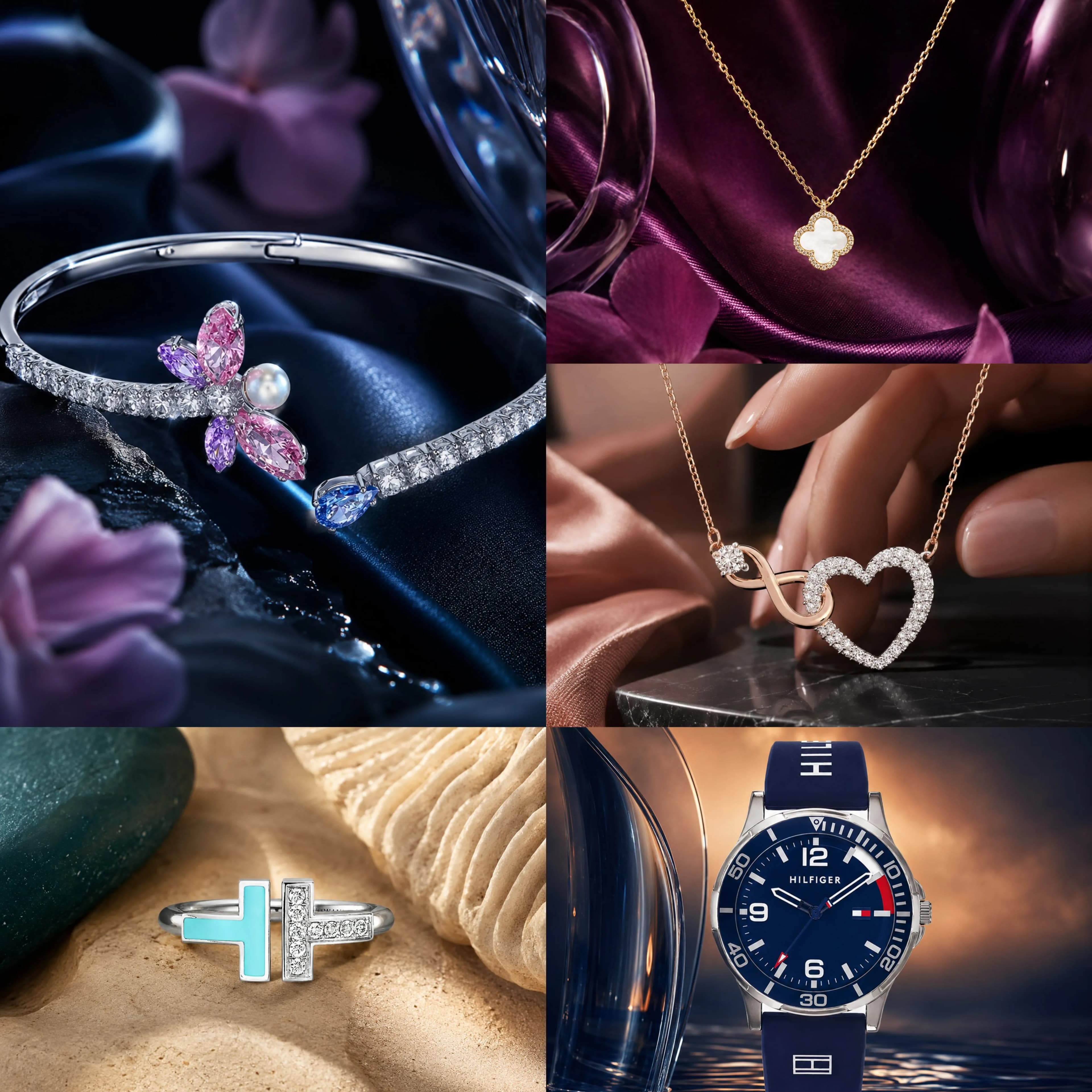 Luxury jewelry campaign collage showing rings, necklaces, and watches on dark satin with purple highlights