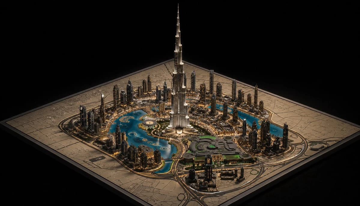 A hyper-detailed Dubai maquette centers the Burj Khalifa among miniature skyscrapers, water features, and roadways
