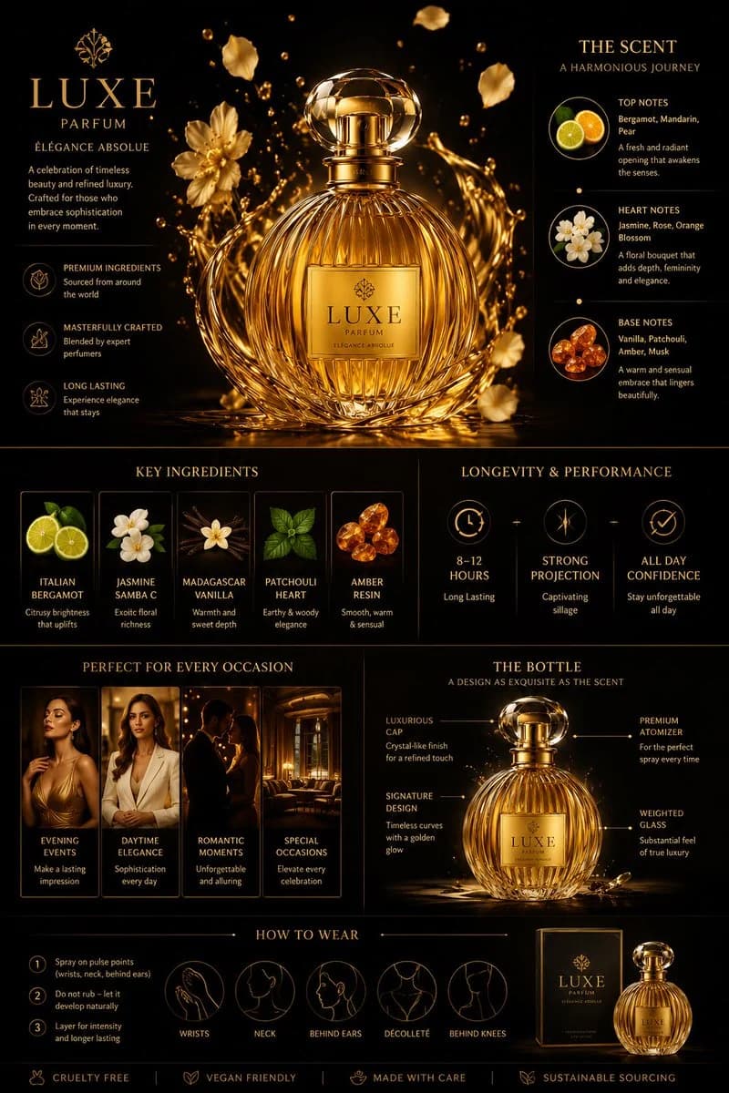 GPT Image 2 prompt example showing a black and gold luxury perfume infographic ad with fragrance notes and product callouts