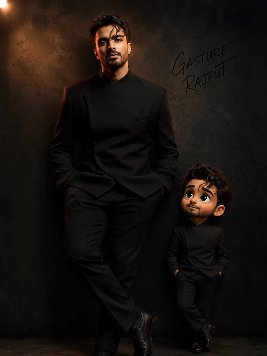A fashionable young man in a matte-black tuxedo stands confidently beside his tiny animated counterpart against a dark studio backdrop