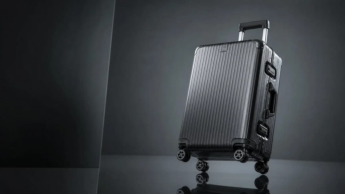 A premium hard-shell rolling suitcase in glossy gunmetal black features vertical ribbed grooves and four double-spinner wheels, positioned at a slight angle.