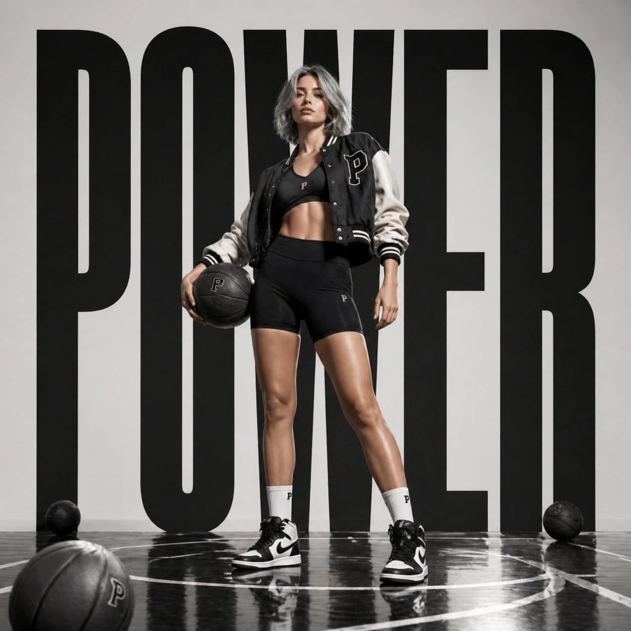 A confident female athlete stands in a modern studio, holding a basketball beside her, with bold "POWER" typography dominating the background