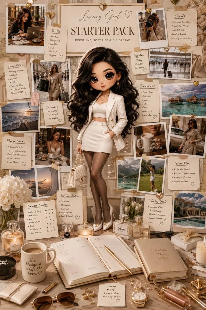 Luxury starter pack vision board shows a chibi fashion doll surrounded by travel photos, notes and lifestyle goals