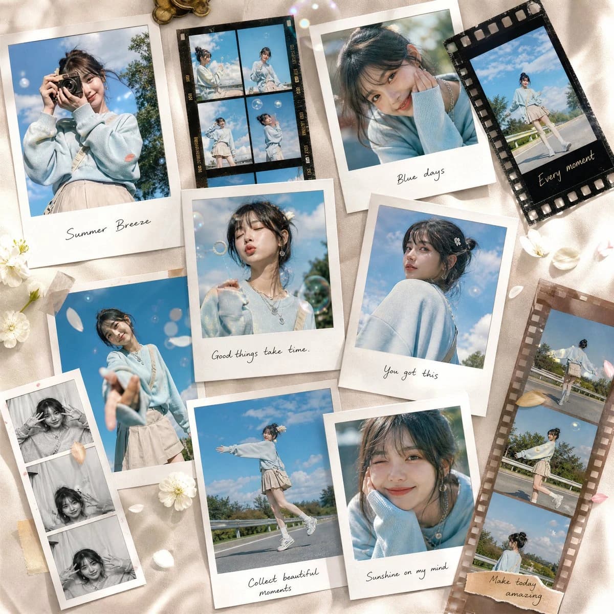 Luxury summer collage of Polaroid portraits, beach scenes and film-strip frames arranged on a tabletop