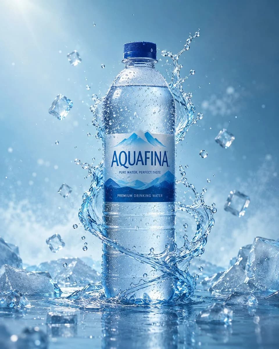 A premium transparent water bottle with droplets stands on a reflective surface, surrounded by a dynamic splash of water and ice cubes.