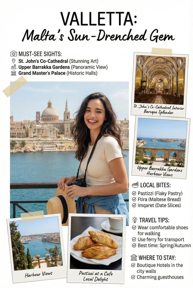 A smiling woman stands by the waterfront in Valletta, Malta, holding a camera and hat.