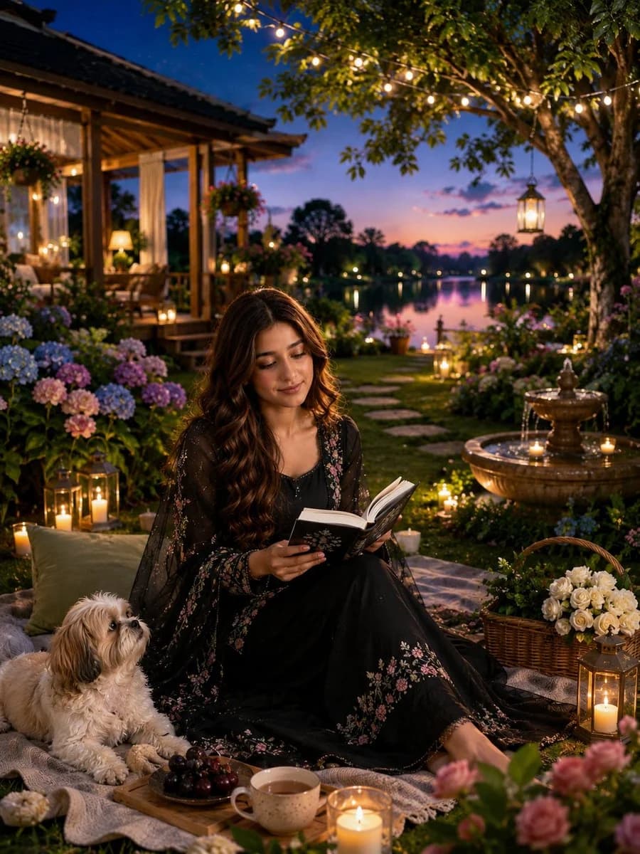 Magical cottagecore lakeside portrait with soft fantasy light, pastoral scenery, and storybook illustration mood