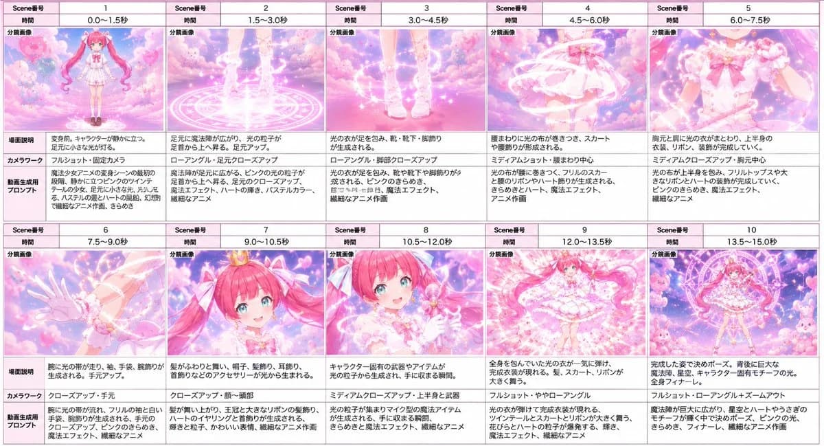 Magical Girl Transformation Storyboard with sequential panels, cinematic framing, and clear storytelling layout