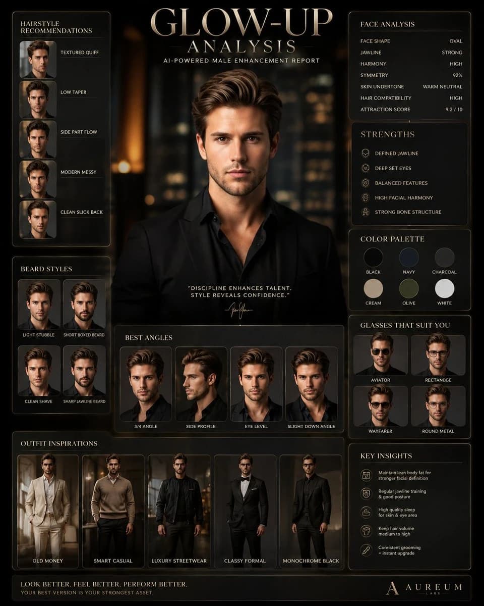 A male glow-up analysis poster featuring a stylishly dressed man with various hairstyle and beard recommendations, set against a luxurious dark background
