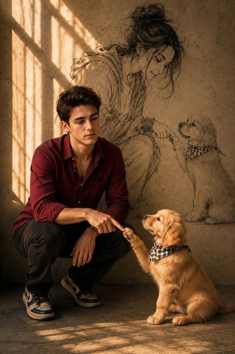 Man and Puppy With Wall Sketch with sequential panels, clear scene planning and cinematic visual flow