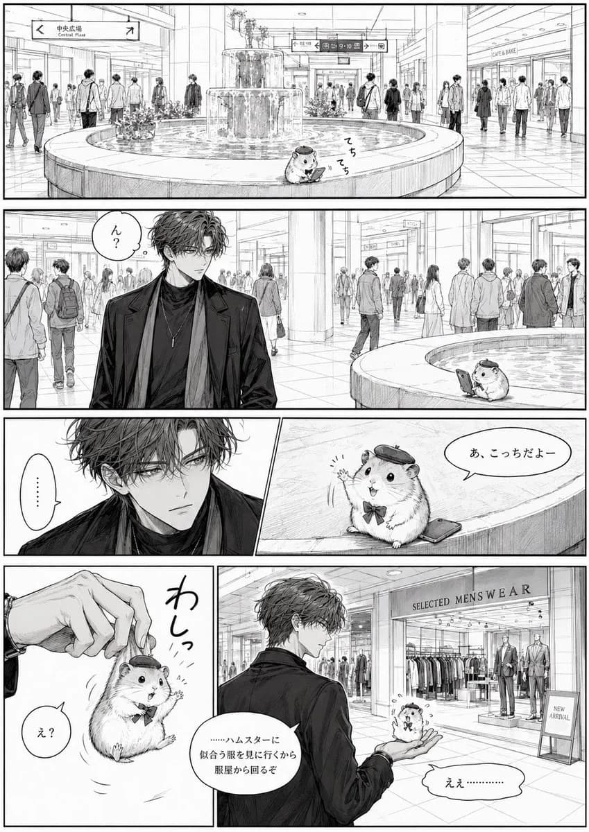 Black-and-white manga page of a stylish young man meeting a tiny beret-wearing hamster in a mall