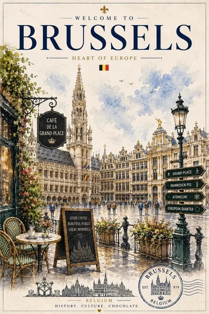 Vintage watercolor travel poster of Brussels featuring a café scene at Grand Place.