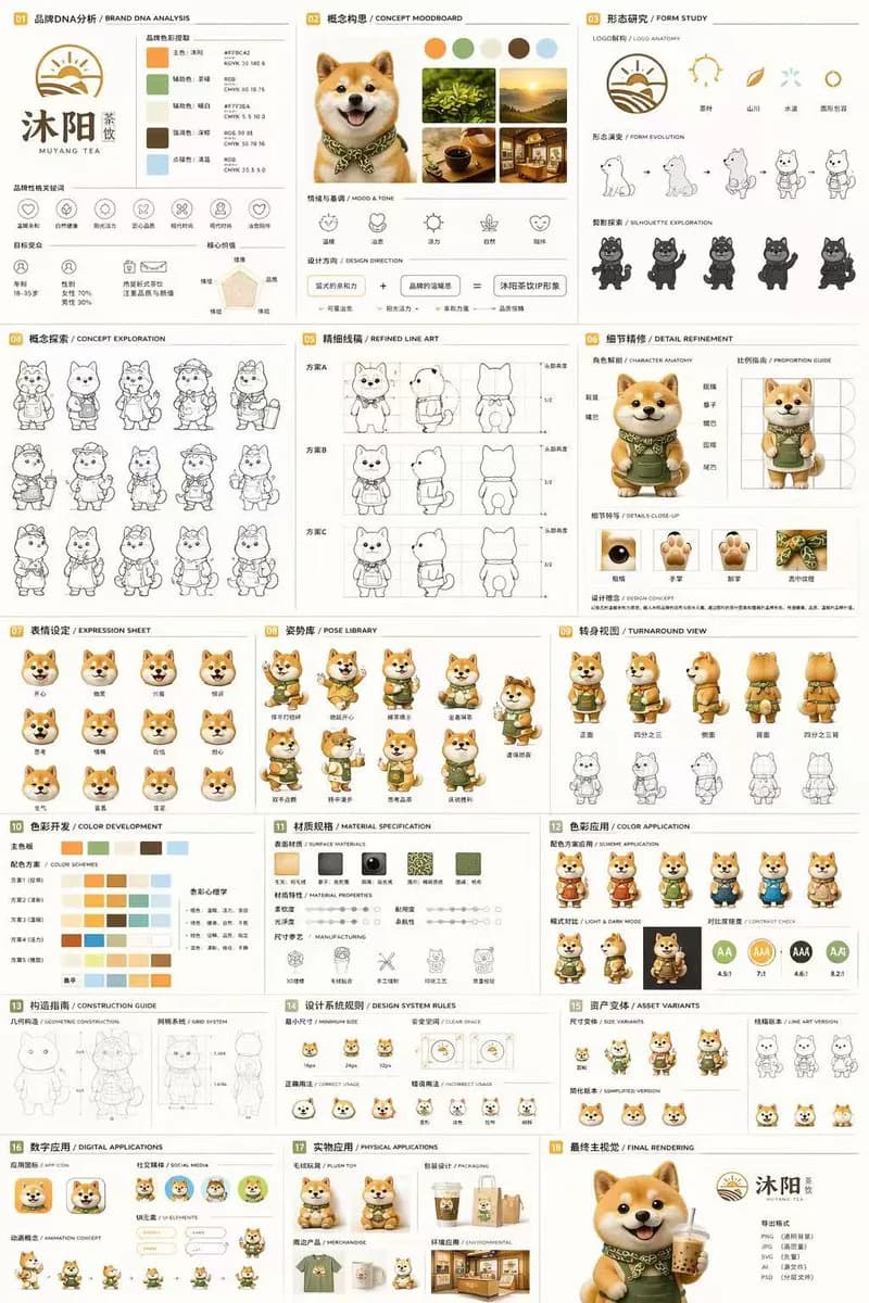 18-section mascot brand identity sheet with Shiba Inu character design, color systems, poses and mockups
