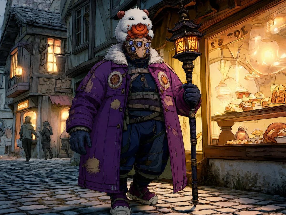 A tall anthropomorphic bear-like wanderer in a purple winter coat stands in a cobblestone alley at night, holding a lantern.