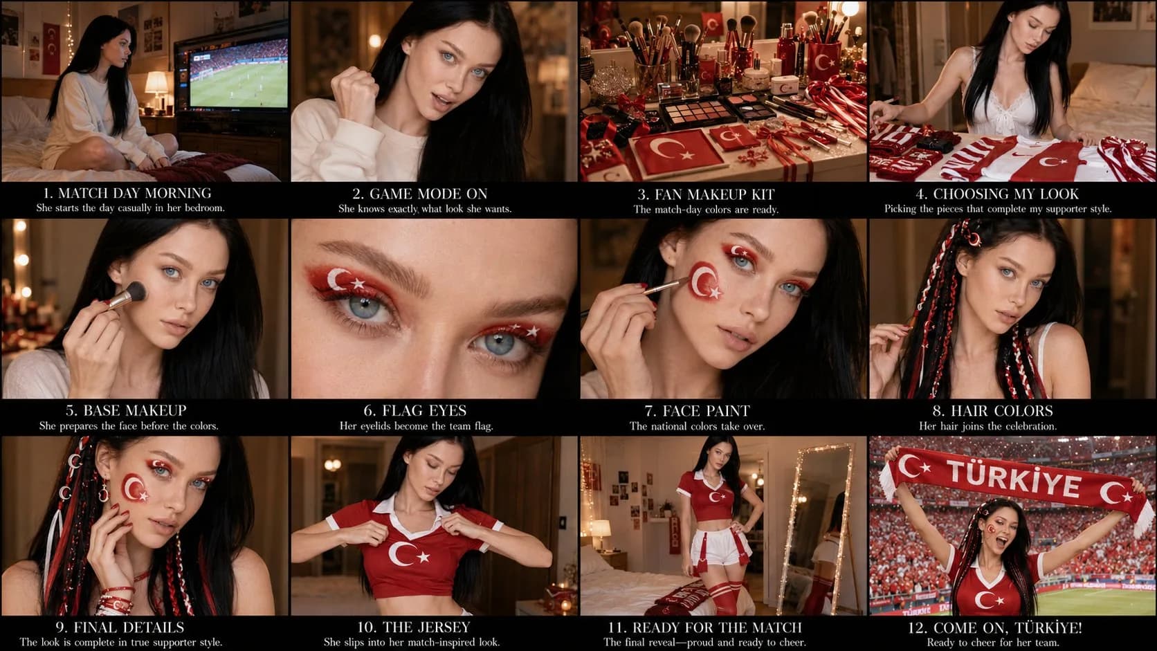 Match-day supporter transformation board with cinematic football fan portraits arranged in a 12-panel storyboard grid
