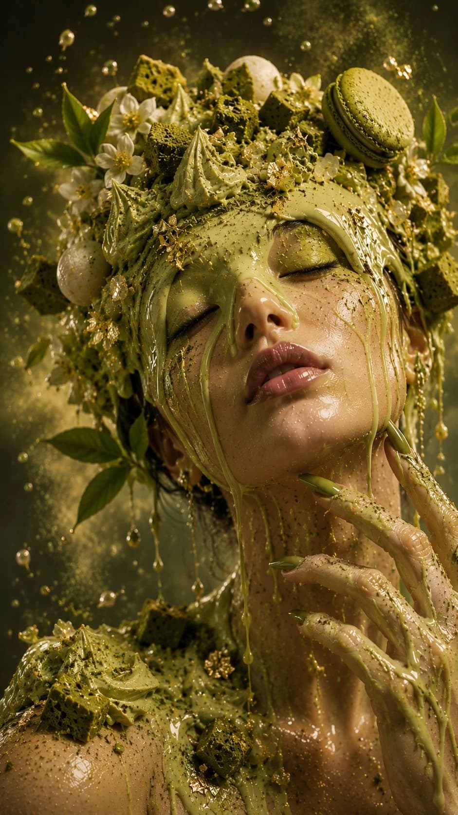 An ethereal woman adorned with matcha cream and floral accents, exuding a surreal beauty in a dreamy, green-toned atmosphere