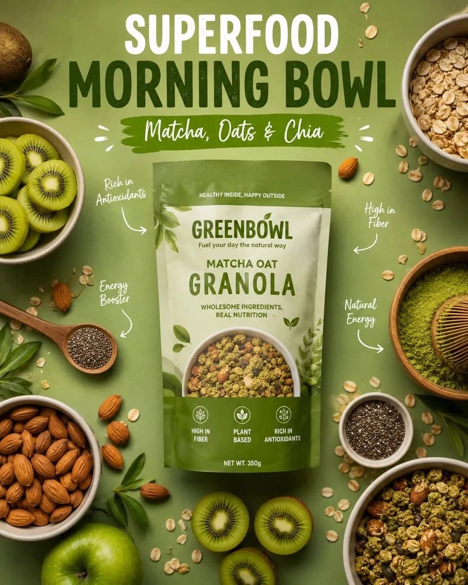 Matcha Oat Granola pouch is showcased in a flat lay with kiwi slices, almonds, and chia seeds against a vibrant green background, emphasizing a healthy breakfast