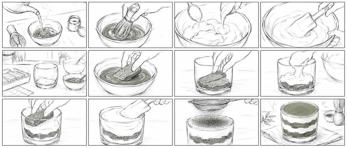 Anime storyboard sequence showing matcha tiramisu preparation, with charming food panels and step-by-step visual rhythm.
