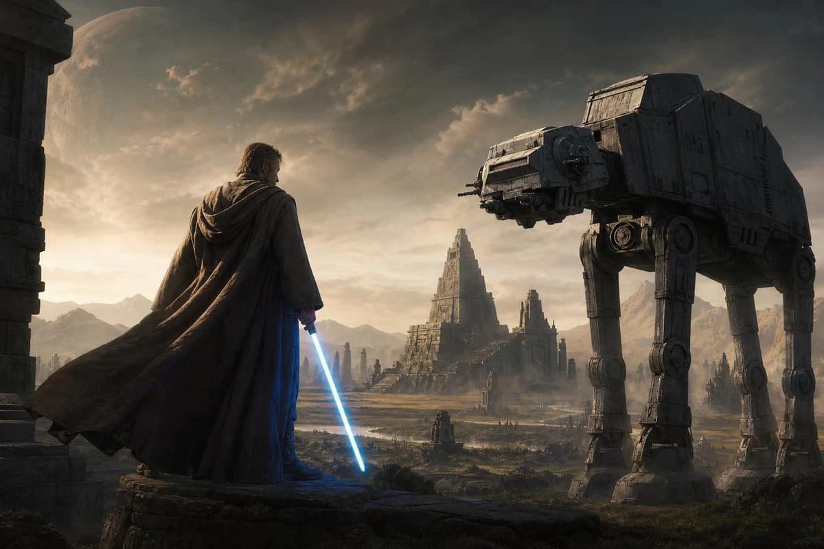 McQuarrie-style Jedi scene with an AT-AT on an ancient planet, cinematic atmosphere, and retro concept-art mood.