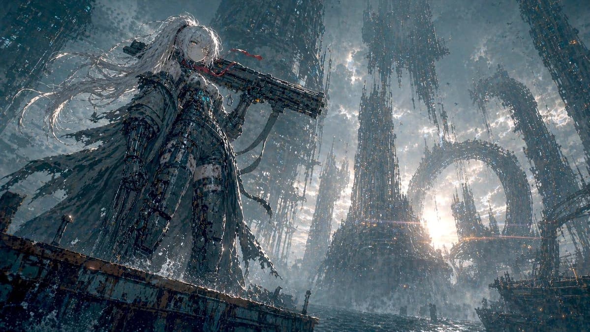 A mecha girl with ash-white hair and gunmetal armor stands defiantly on a rusted platform, overlooking a vast derelict sea-city at dusk