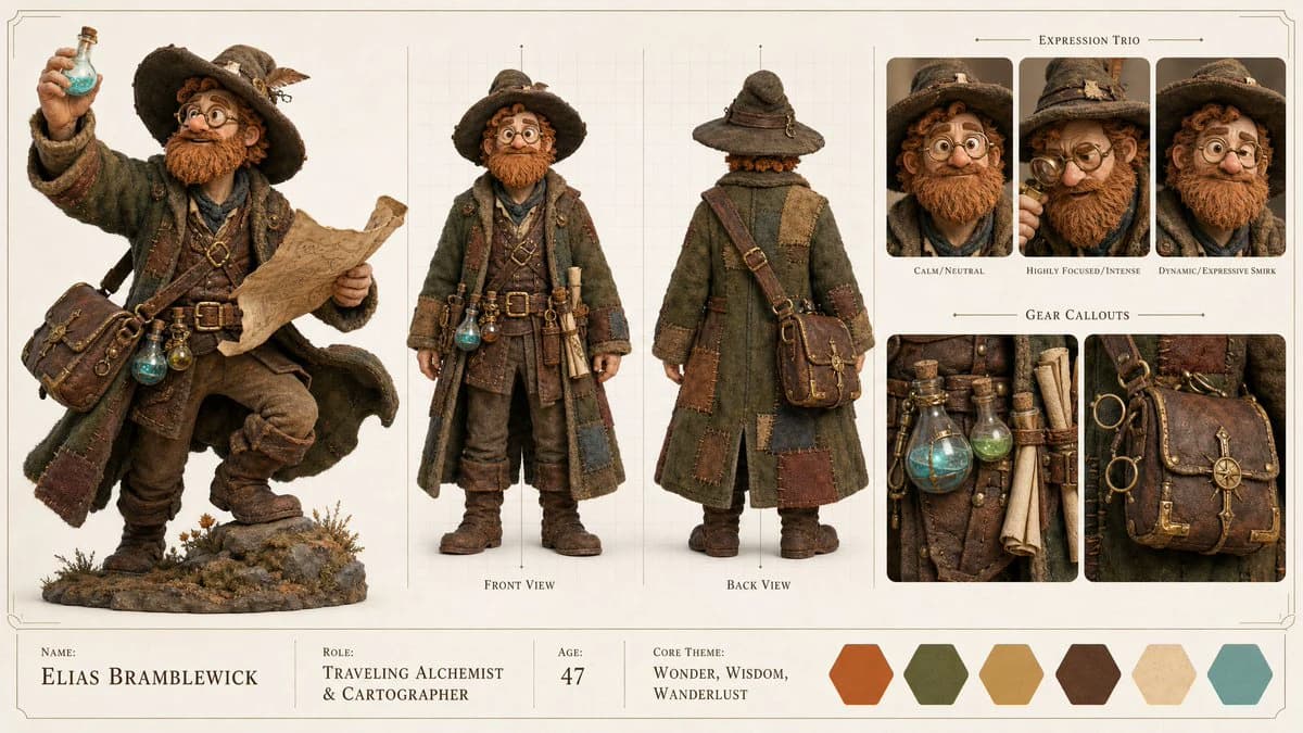 Medieval alchemist character sheet with full-body claymation hero pose, turnaround views, expression panels and gear callouts
