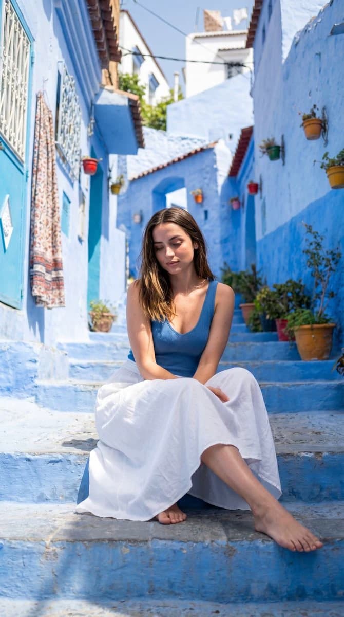 Sunlit Mediterranean alley portrait of a woman seated on stone steps amid vivid blue walls and white architectural accents