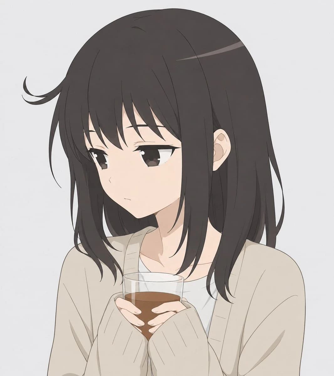Melancholic anime girl in a cream cardigan holding a small cup against a clean white background