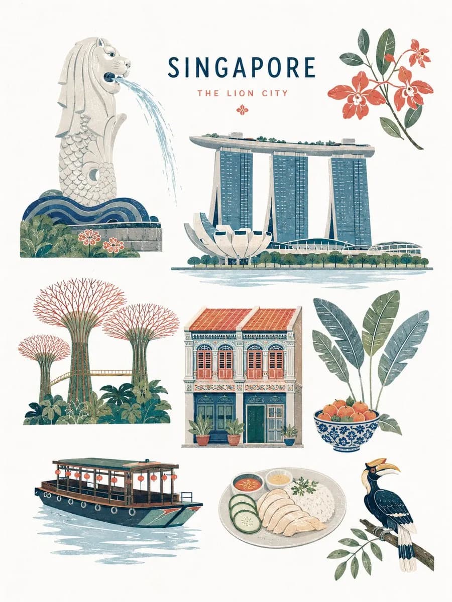 Mid-century editorial illustration sheet shows Singapore landmarks, tropical plants and refined print textures on white paper