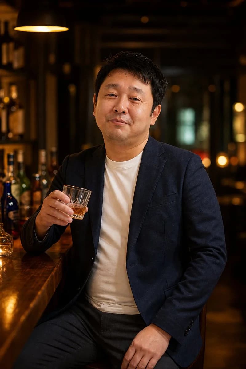 A man in a navy blazer and white T-shirt sits at a warmly lit bar, casually holding a whiskey tumbler with a calm smile.
