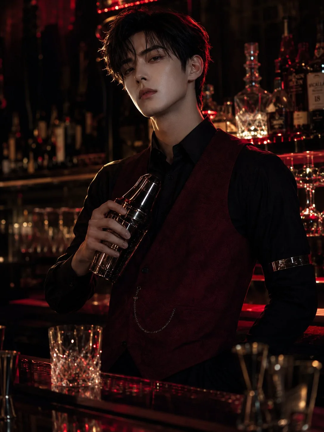 Midnight Bartender Cover Portrait showing an editorial portrait subject with styled wardrobe, lighting and background detail