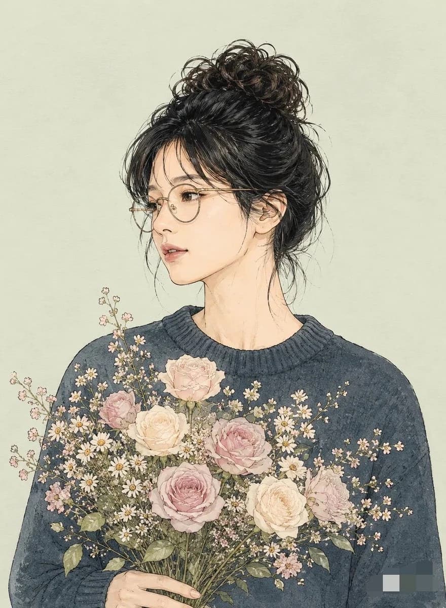 A gender-neutral individual with medium-length dark hair holds a bouquet of soft pink and white flowers, illustrated in precise line art against a muted background