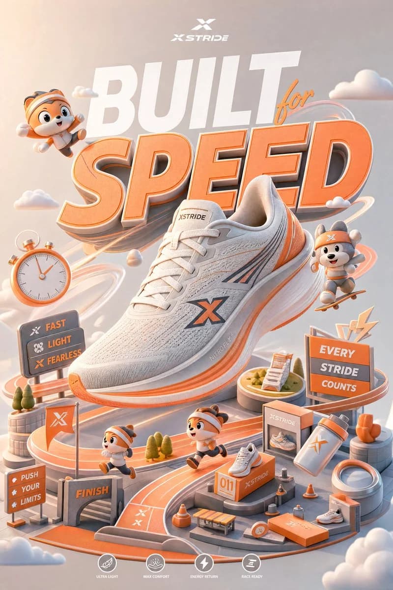 Miniature brand universe built around a running shoe with floating tracks, speed trails, mascots and commercial 3D styling