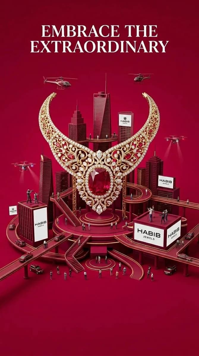 A large decorative necklace is featured in a miniature city with a deep crimson background.