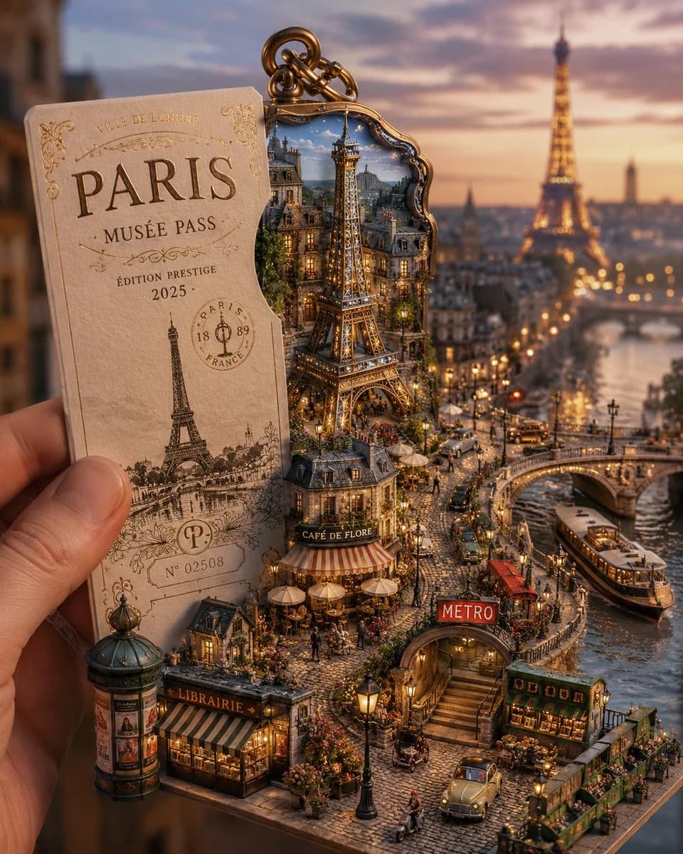 A hand holds a collectible travel card where a tiny landmark souvenir expands into a richly detailed miniature city