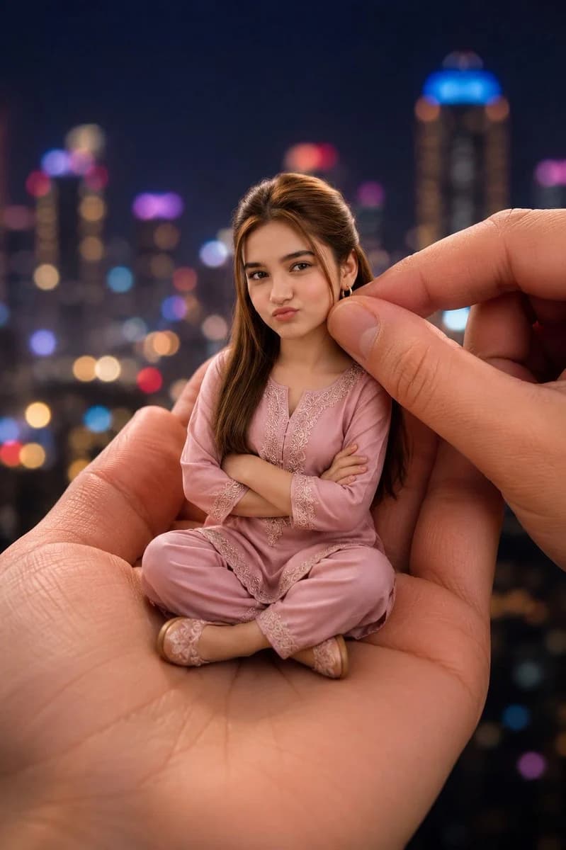 Miniature Girl in Giant Palm with scroll-ready composition, strong focal subject, and polished social post styling