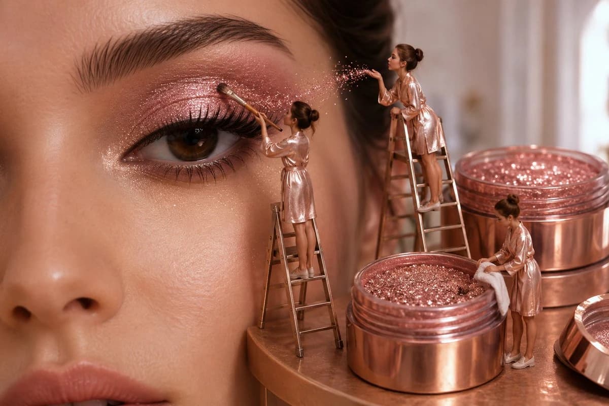 Miniature makeup artists working around a giant eye with rose-gold cosmetics and sparkling pink shadow