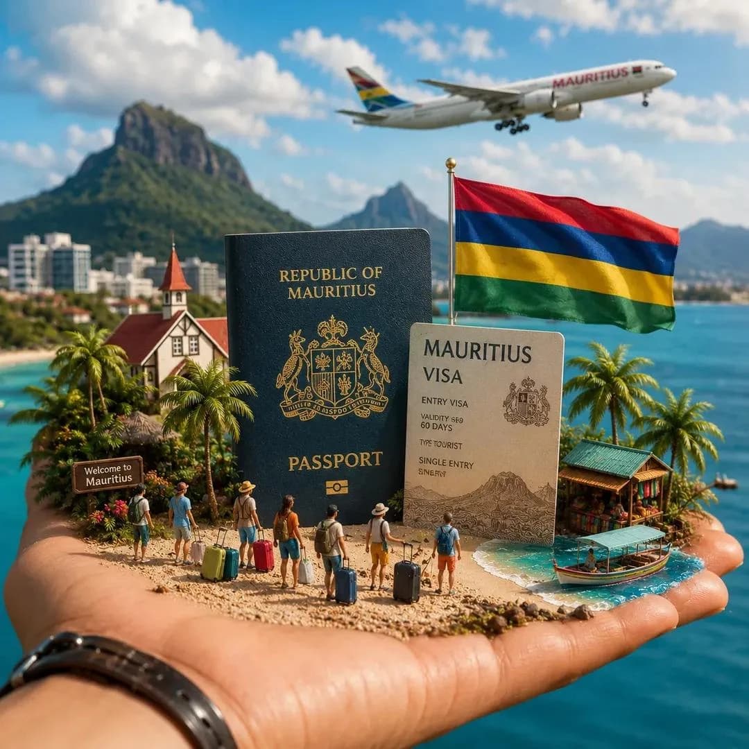 A miniature travel diorama of Mauritius features a passport, visa, and tiny travelers amidst iconic landscapes, with an airplane flying overhead