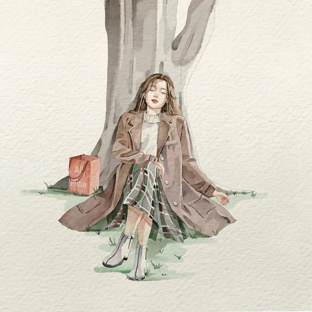 Minimal watercolor anime portrait with soft brush texture, pale background, and delicate facial expression