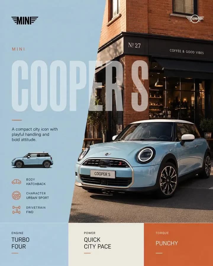 Minimalist automotive editorial poster featuring a blue MINI Cooper S parked in front of a café, with stylish graphics and text elements.