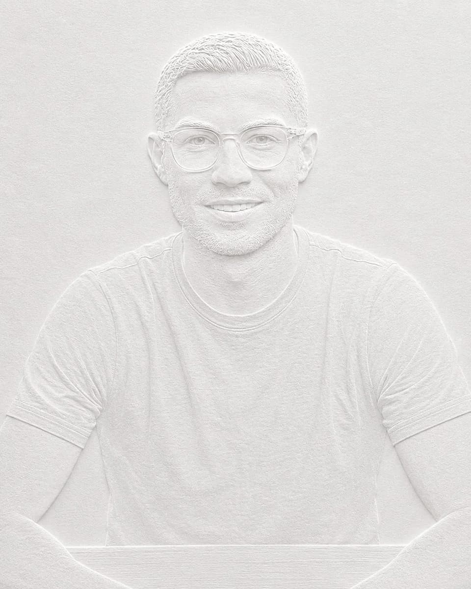 A minimal blind-embossed white paper artwork with raised subject details, elegant shadows, and luxury stationery texture