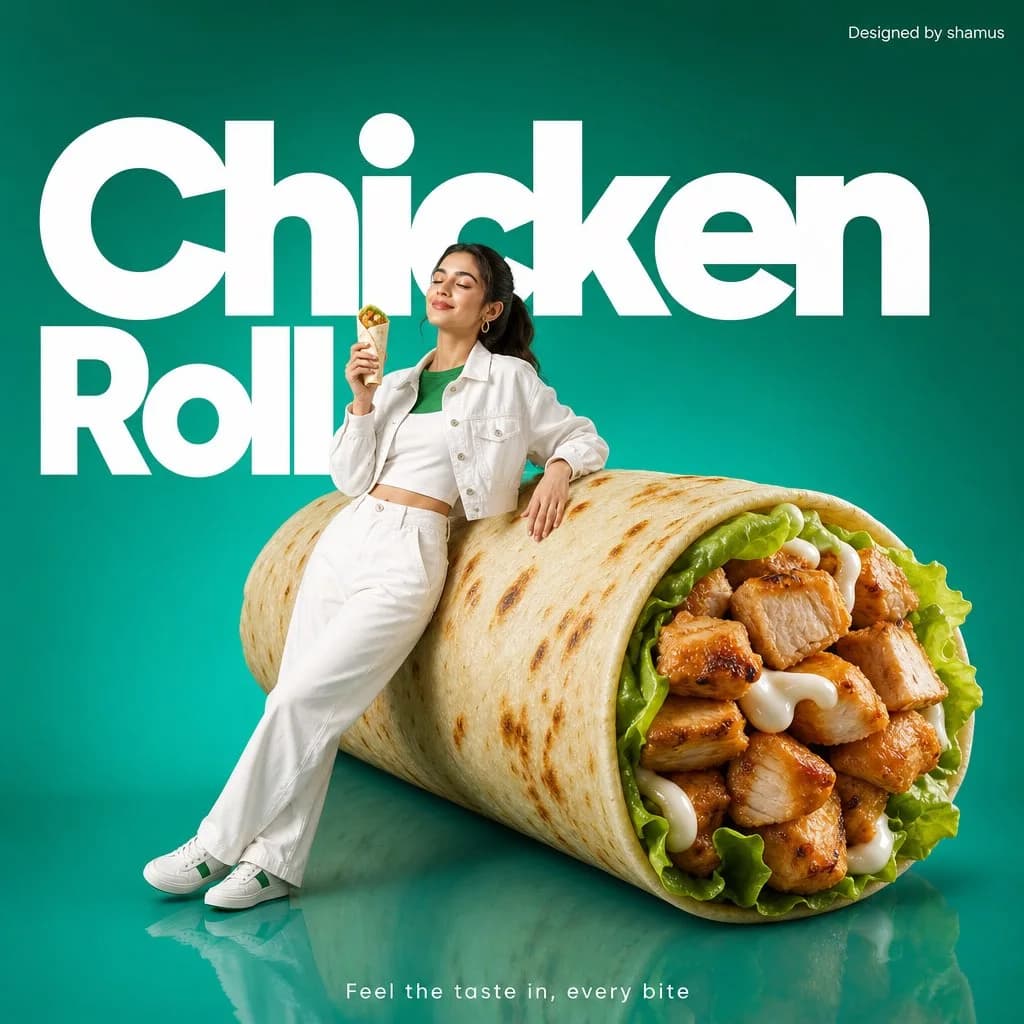 A clean and modern food advertisement prompt featuring a model and oversized product placement with vibrant green highlights