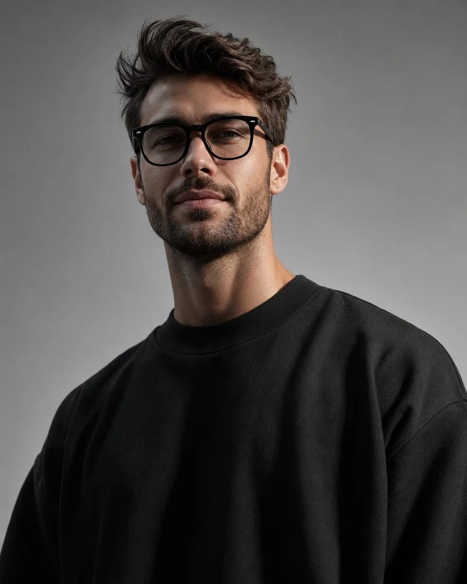A professional high-fashion portrait prompt focusing on minimalist studio aesthetics, low-angle perspective, and dramatic overhead lighting