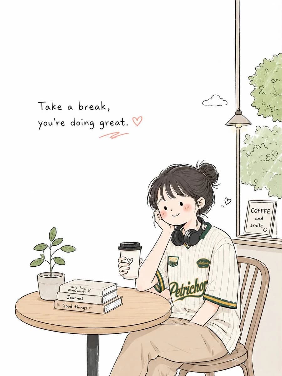 Minimalist Korean doodle illustration of a seated girl at a small table with books and plants
